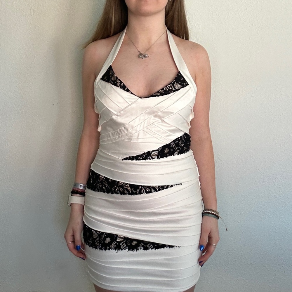 Bebe White and Black Ruched Halter Mini Dress